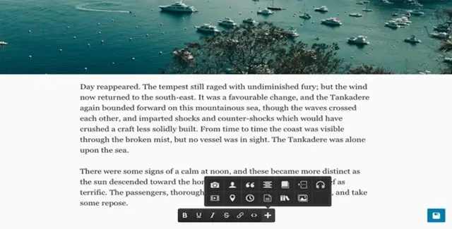 Aesop Editus front-end editor interface showing real-time content editing on a WordPress site