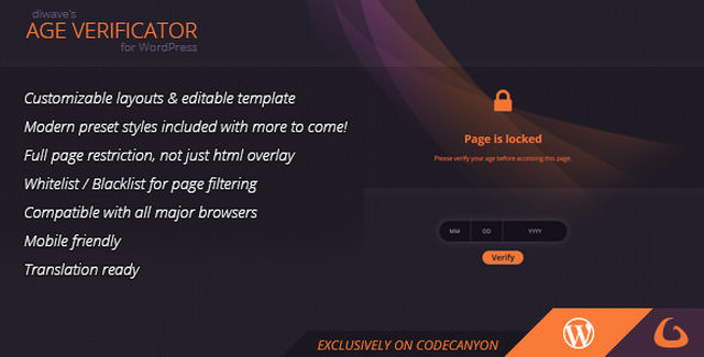 Age Verificator WordPress Plugin interface showing age confirmation gate