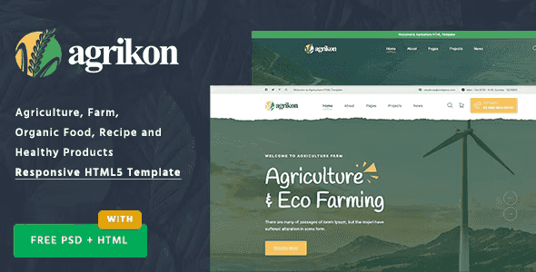 Agrikon agriculture HTML template preview showcasing responsive farming website design