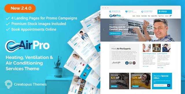 AirPro HVAC WordPress theme demo preview showing heating and air conditioning service website layout