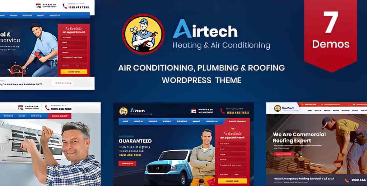 Airtech plumber and HVAC WordPress theme homepage preview with responsive design