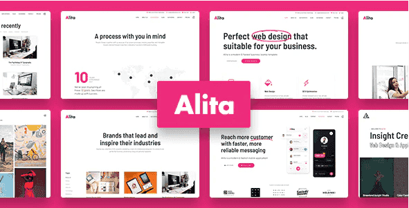 Alita web studio WordPress theme demo showing responsive creative agency website layout with Elementor builder