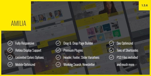 Amilia multipurpose WordPress theme preview showing corporate homepage design with hero section, services grid, and team carousel