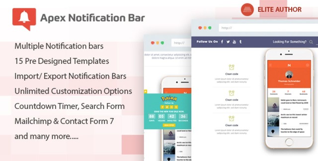 Apex Notification Bar WordPress plugin interface showing customizable notification bars