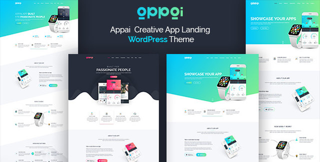 Appai WordPress theme homepage showing responsive app landing page design with device mockups and feature sections