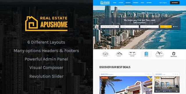 ApusHome real estate WordPress theme listing page with property search and monetization features