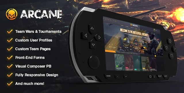 Arcane gaming community WordPress theme dashboard showing tournament and team management interface
