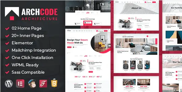 Archcode architect design WordPress theme preview showcasing Elementor-powered responsive layout