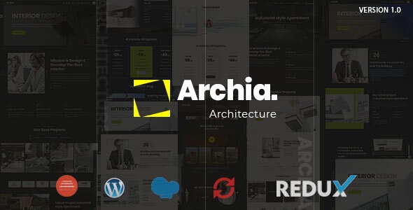 Archia architecture and interior design WordPress theme showcasing modern portfolio layouts