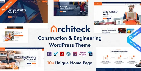 Architeck construction WordPress theme demo showing responsive design and Elementor integration