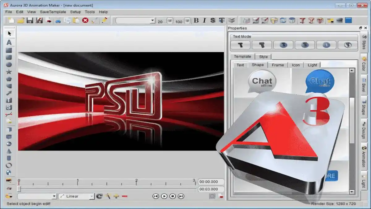 Aurora 3D Animation Maker software interface for creating 3D text and logo animations on Windows