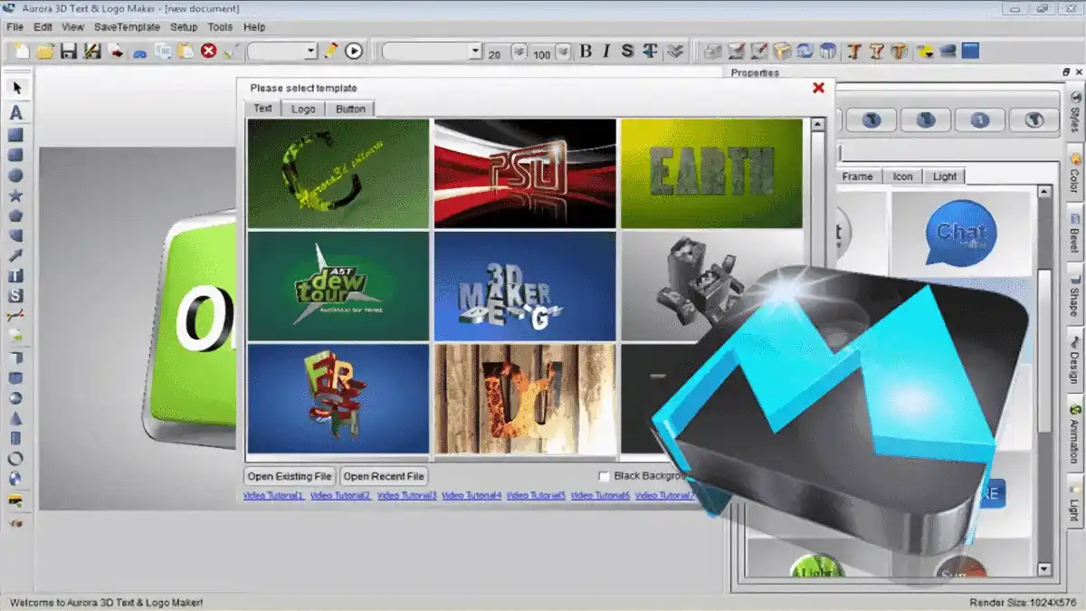 Aurora 3D Text and Logo Maker software interface showing 3D text effects and logo design tools