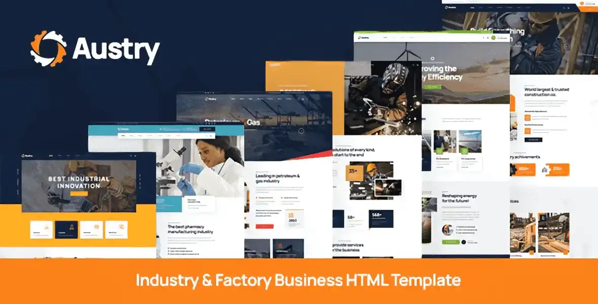 Austry industrial HTML template homepage preview showing manufacturing and construction business layout