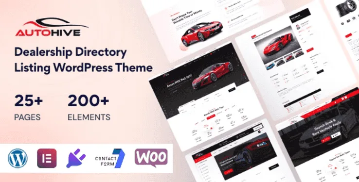 Autohive car dealer and rental WordPress theme preview showing vehicle listings and booking interface