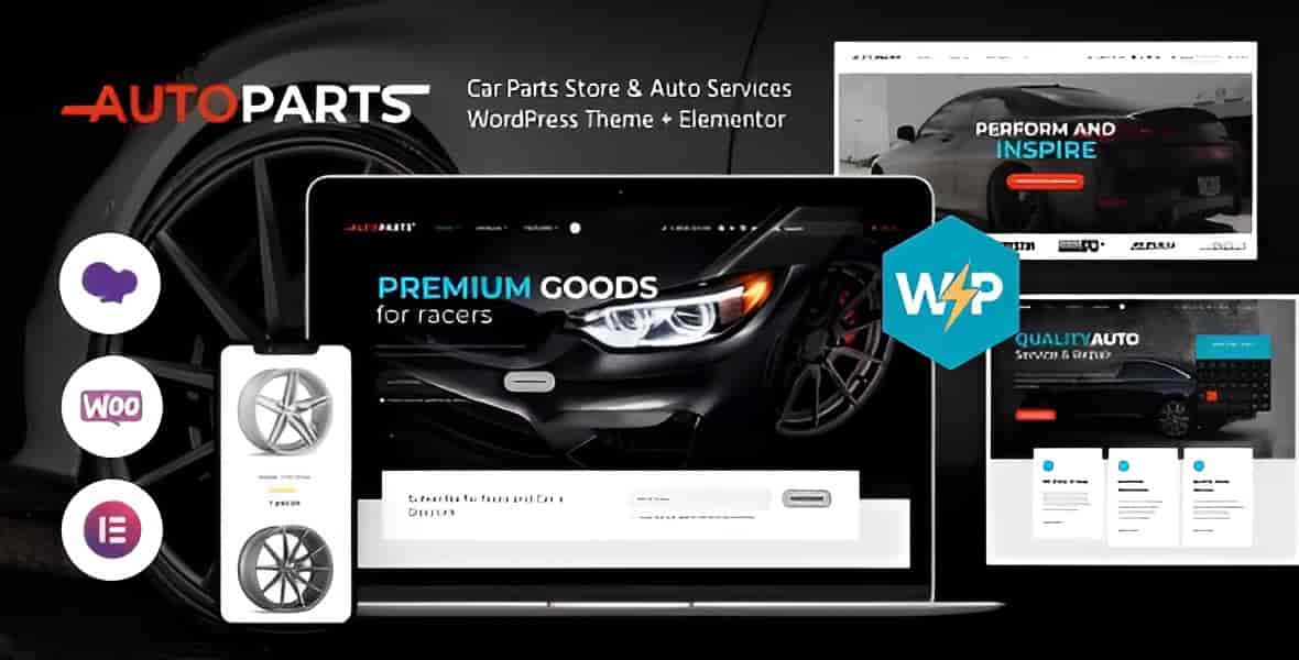Auto parts WordPress theme homepage preview showing automotive parts store layout with Elementor design