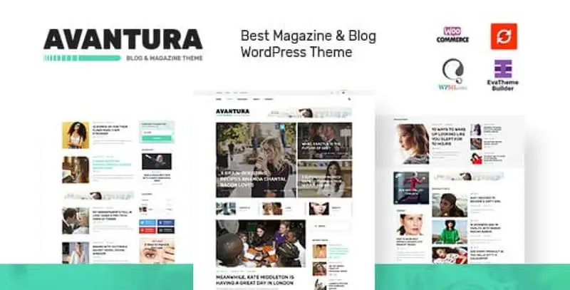 Avantura magazine and blog WordPress theme preview showing category-based design