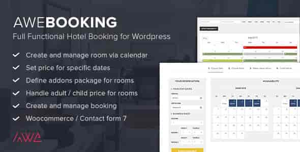 AweBooking WordPress hotel booking plugin interface with room management features