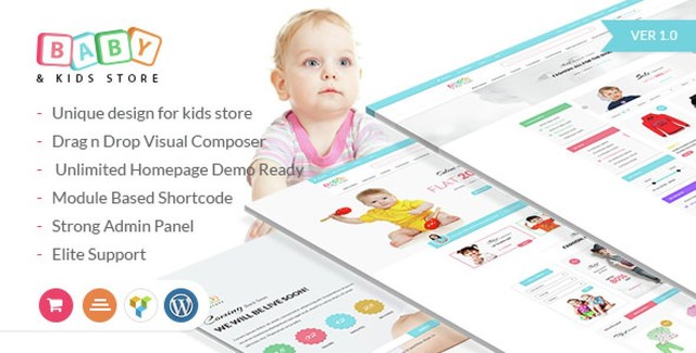 Baby and kids WooCommerce theme homepage showcasing vibrant children's store design with playful colors and product layouts