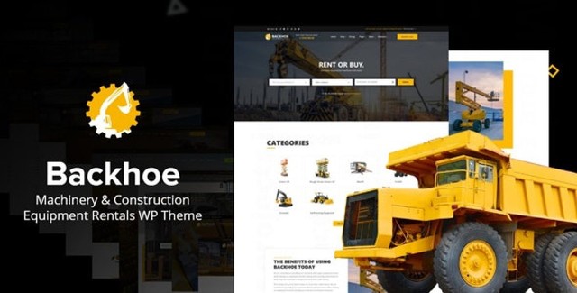Backhoe heavy equipment rental WordPress theme demo showcasing construction machinery website layout
