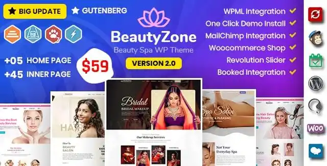 BeautyZone WordPress theme preview showing elegant beauty salon website design with soft classic colors