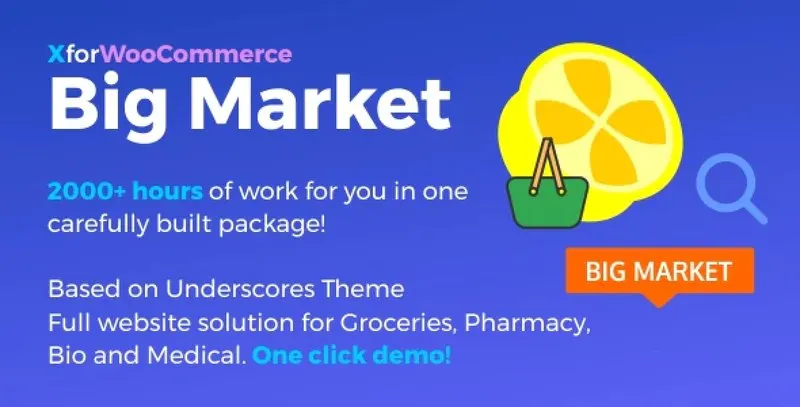 Big Market WooCommerce marketplace theme bundle with theme files, child theme, and 14 plugins for WordPress