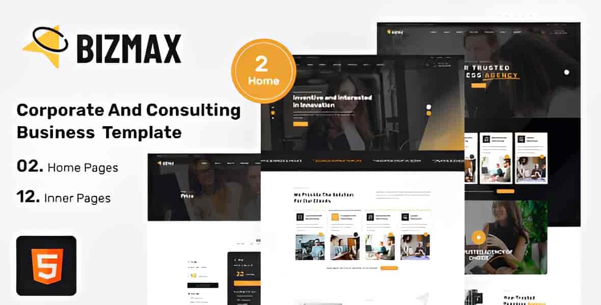 Bizmax corporate consulting HTML5 template preview showing clean professional business website design