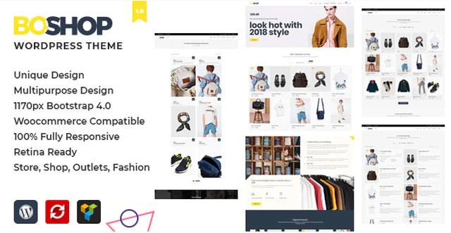 BoShop multipurpose E-Commerce WordPress theme interface on a laptop screen