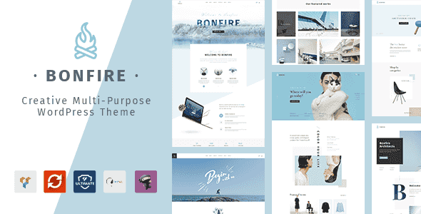 Bonfire multipurpose WordPress theme demo showcasing creative agency and fashion store layouts