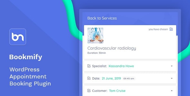 Bookmify appointment booking WordPress plugin interface showing scheduling and staff management features