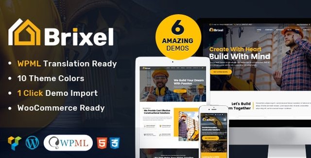 Brixel construction WordPress theme demo preview on desktop and mobile