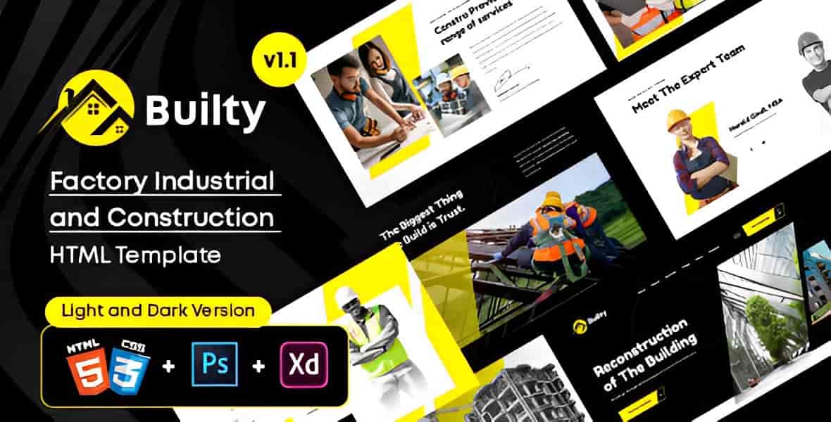 Builty industrial and construction HTML template preview showing responsive project layouts and pricing pages