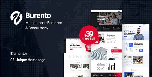 Burento multipurpose business WordPress theme preview with Elementor PRO page builder
