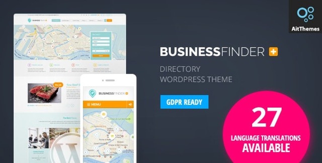 Business Finder WordPress directory theme preview showing listing pages and map integration