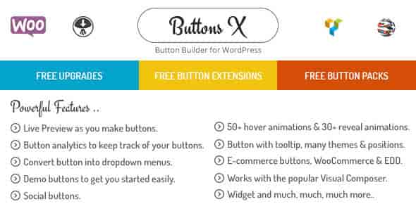 Buttons X WordPress button builder plugin interface showing animated button creation options