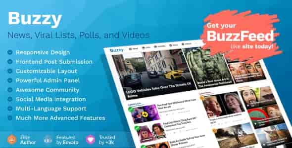 Buzzy viral content PHP script dashboard showing news and polls