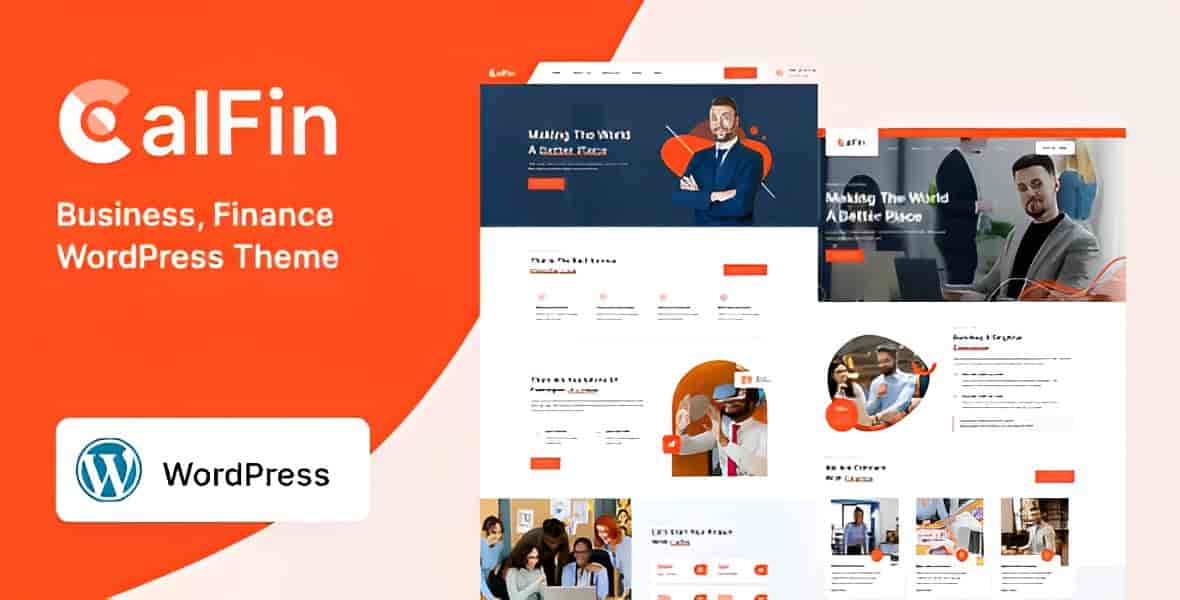 Calfin business finance WordPress theme preview showing corporate website layout