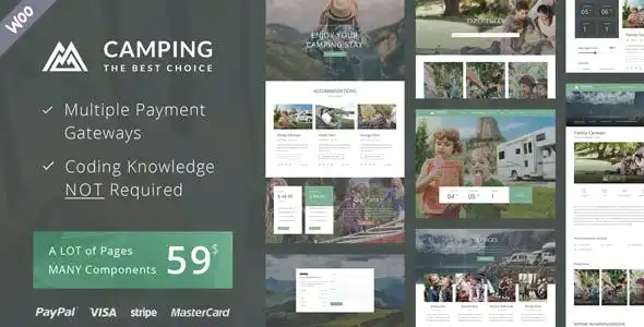 Camping Village WordPress theme demo showing a campground booking interface and outdoor adventure listings