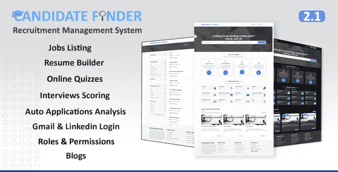 Candidate Finder recruitment management system dashboard with candidate tracking and job board interface