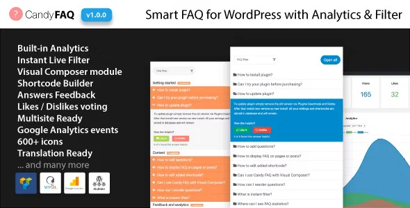 Candy FAQ WordPress plugin dashboard showing analytics and search interface