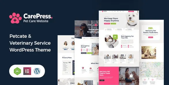 CarePress pet care WordPress theme homepage layout built with Elementor