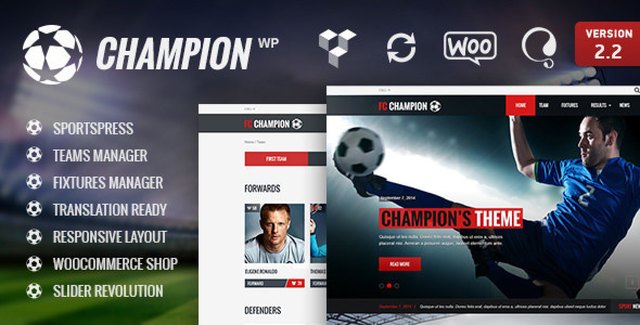 Champion football club WordPress theme homepage demo preview showing responsive sports website layout