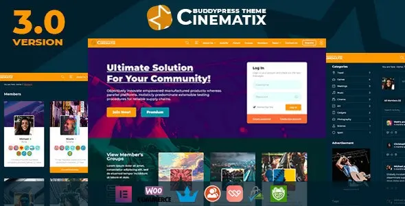Cinematix BuddyPress Nouveau membership theme dashboard preview