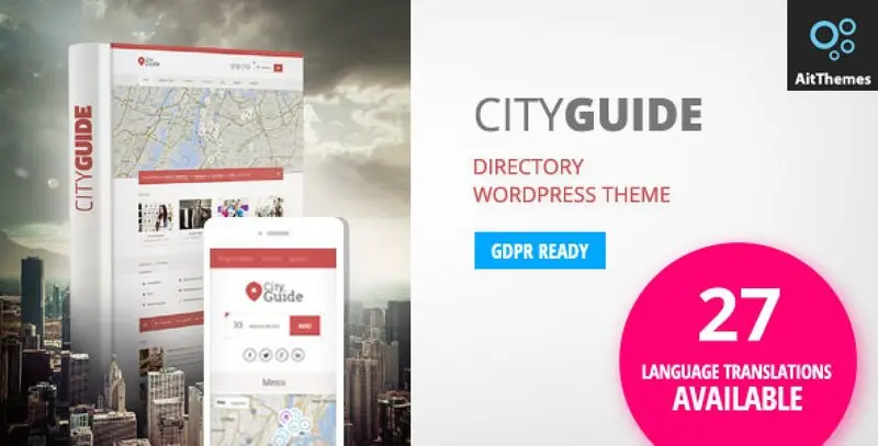 City Guide directory listing WordPress theme interface showing business listings and Google Maps integration