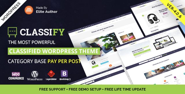 Classify WordPress theme dashboard showing classified ads listings with front-end submission interface