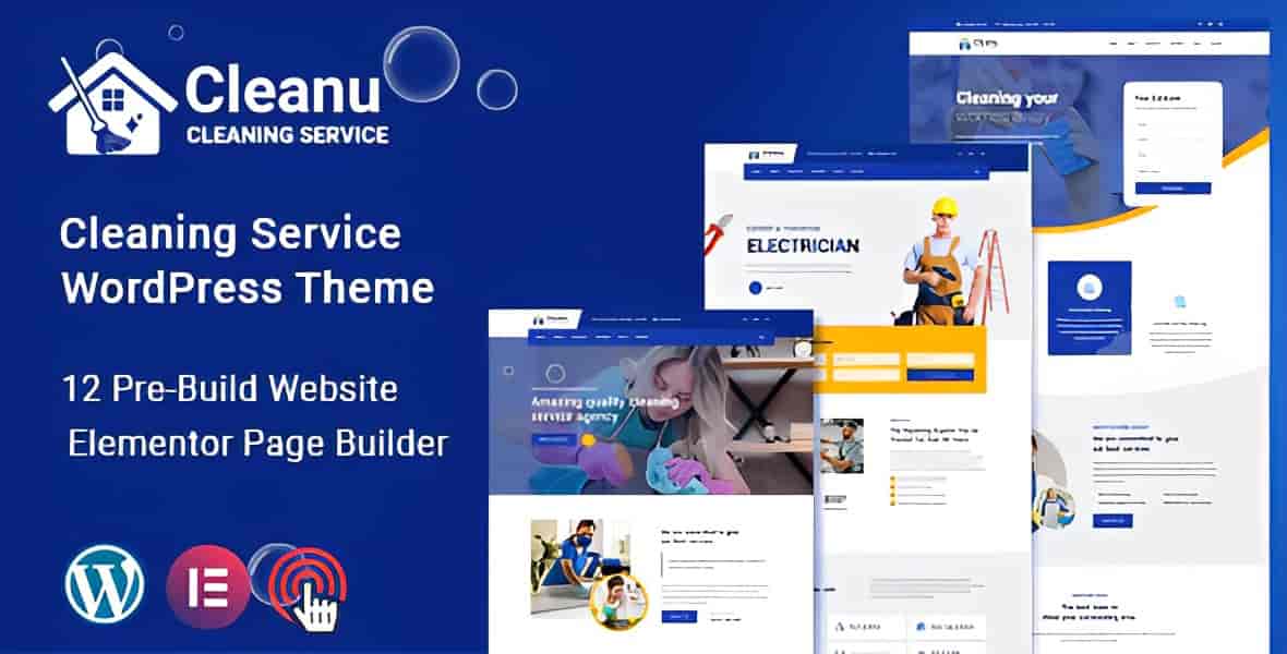 Cleanu cleaning services WordPress theme homepage preview showing professional service layout with Elementor editing interface