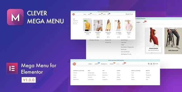 Clever Mega Menu for Elementor WordPress plugin interface showing drag-and-drop customization options