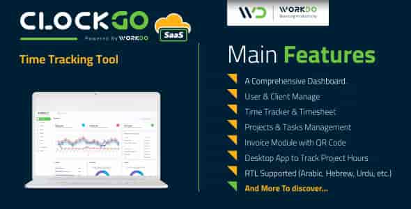 ClockGo SaaS time tracking tool PHP script dashboard with project hours, charts, and team management interface