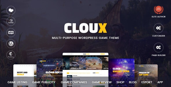 Cloux WordPress gaming theme dashboard showing esports game listings and WooCommerce store layout