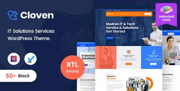 Cloven IT Solutions WordPress Theme dashboard preview showing modern corporate layout and Elementor builder interface