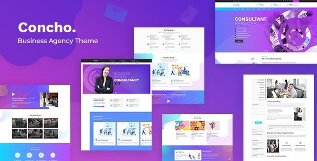 Concho WordPress consulting theme homepage showing professional services layout with Elementor PRO builder